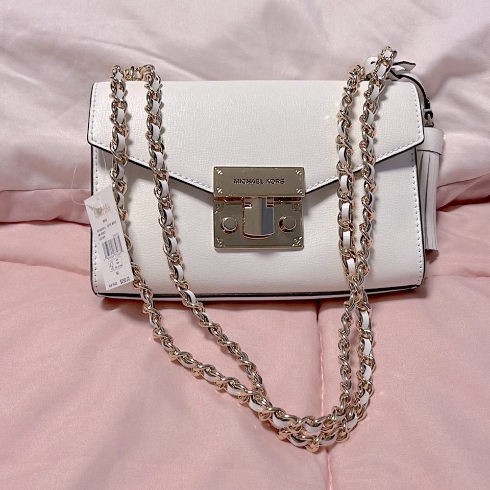 Michael Kors authentic white leather bag gold chain shoulder handbag like new